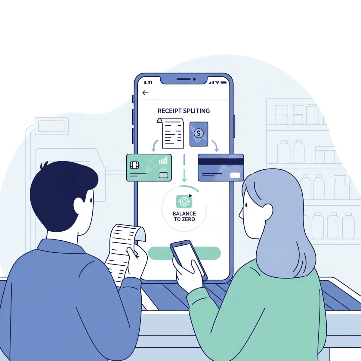Two people at a supermarket checkout splitting a receipt, with money flowing between two bank account cards balancing to zero.
